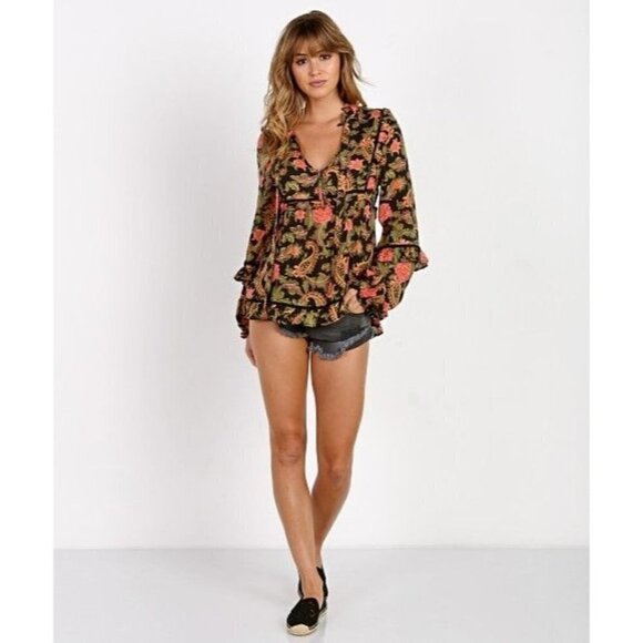 NWT Spell & The Gypsy Etienne Boho Floral Balloon Sleeve Ruffle Blouse Noir Size - Picture 2 of 11